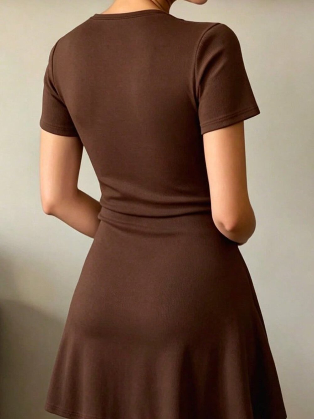 Coffee Brown Casual Women's French Knit V-Neck Waist-Defining A-Line Dress - Picture 2 of 5
